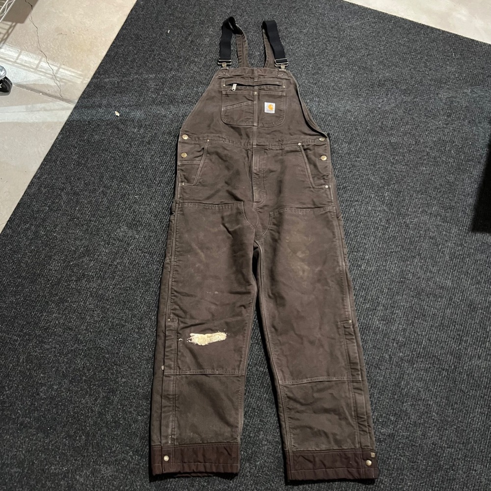 Carhartt Bib Overalls Mens L Brown Loose Fit Insulated OR4031-M Duck Canvas Work